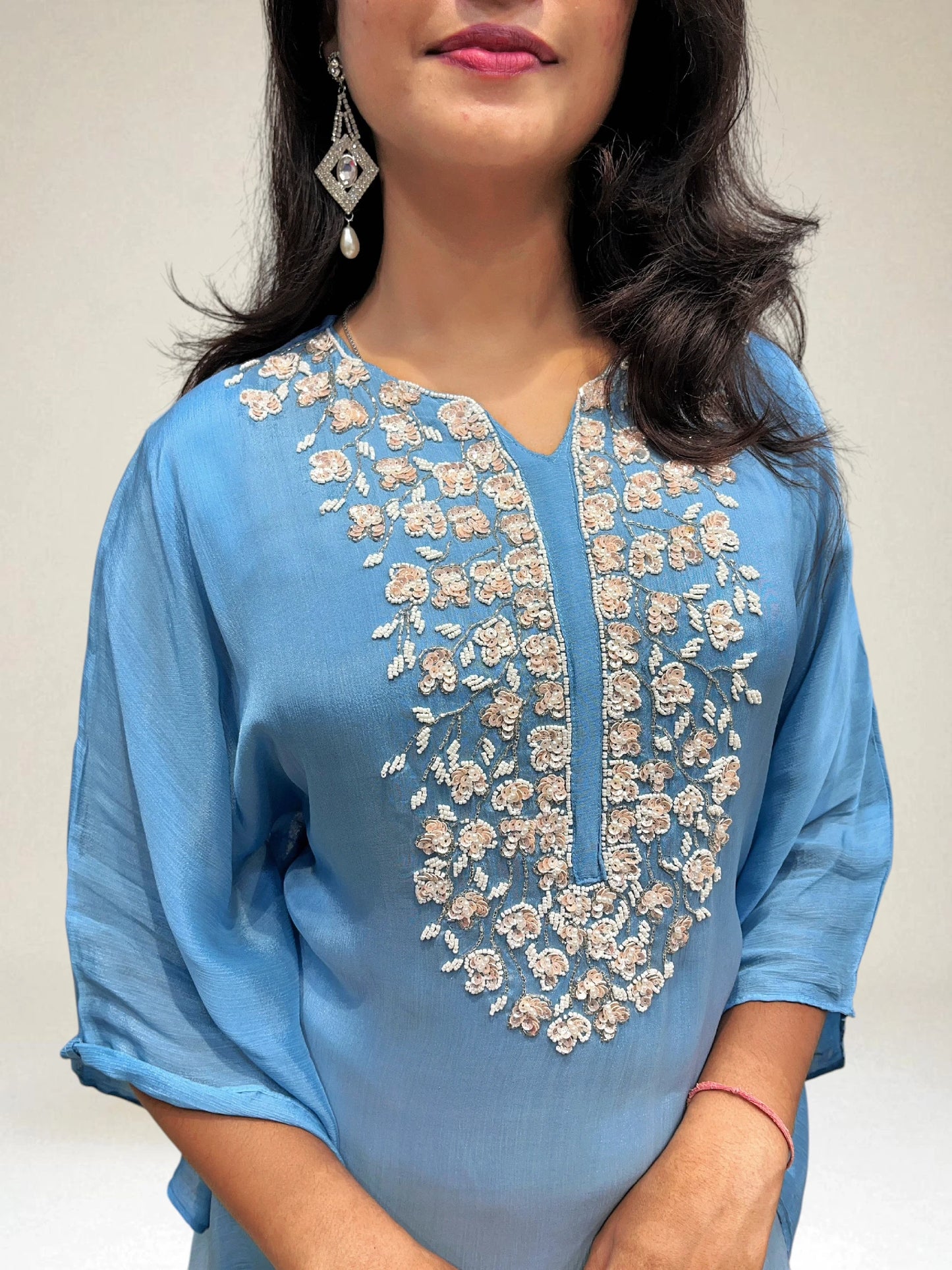 Indo western kaftan outfit in blue and white ombre with hand work floral embroidery 
