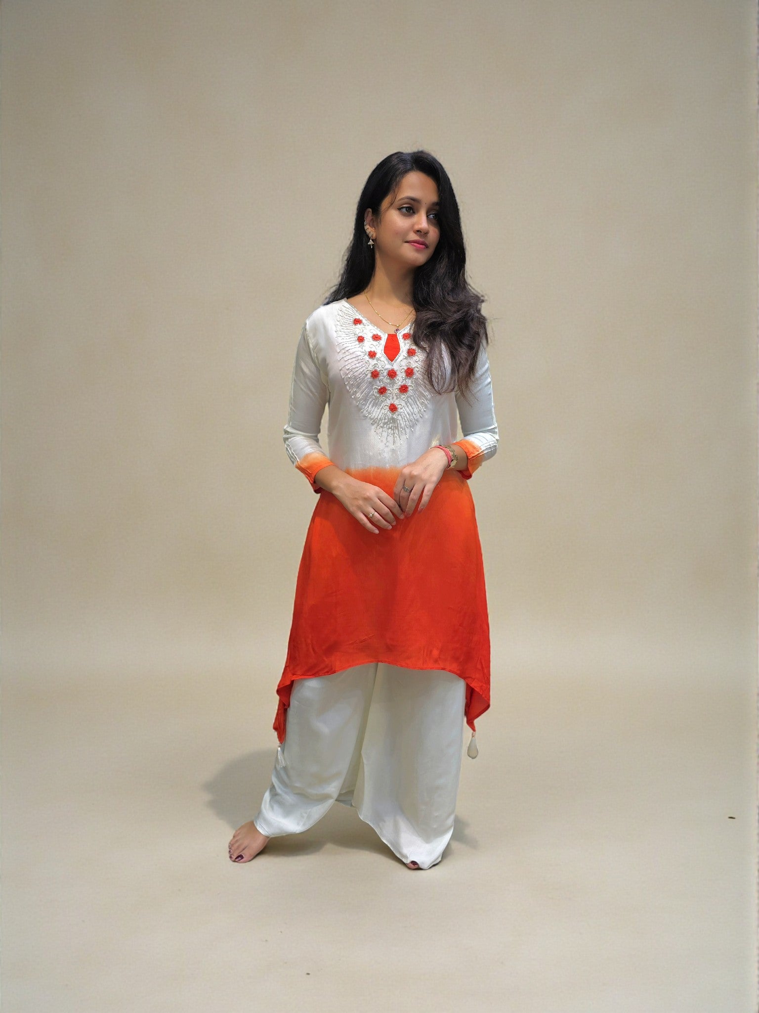 Ombre hand embroidered short kurta palazzo co-ord set