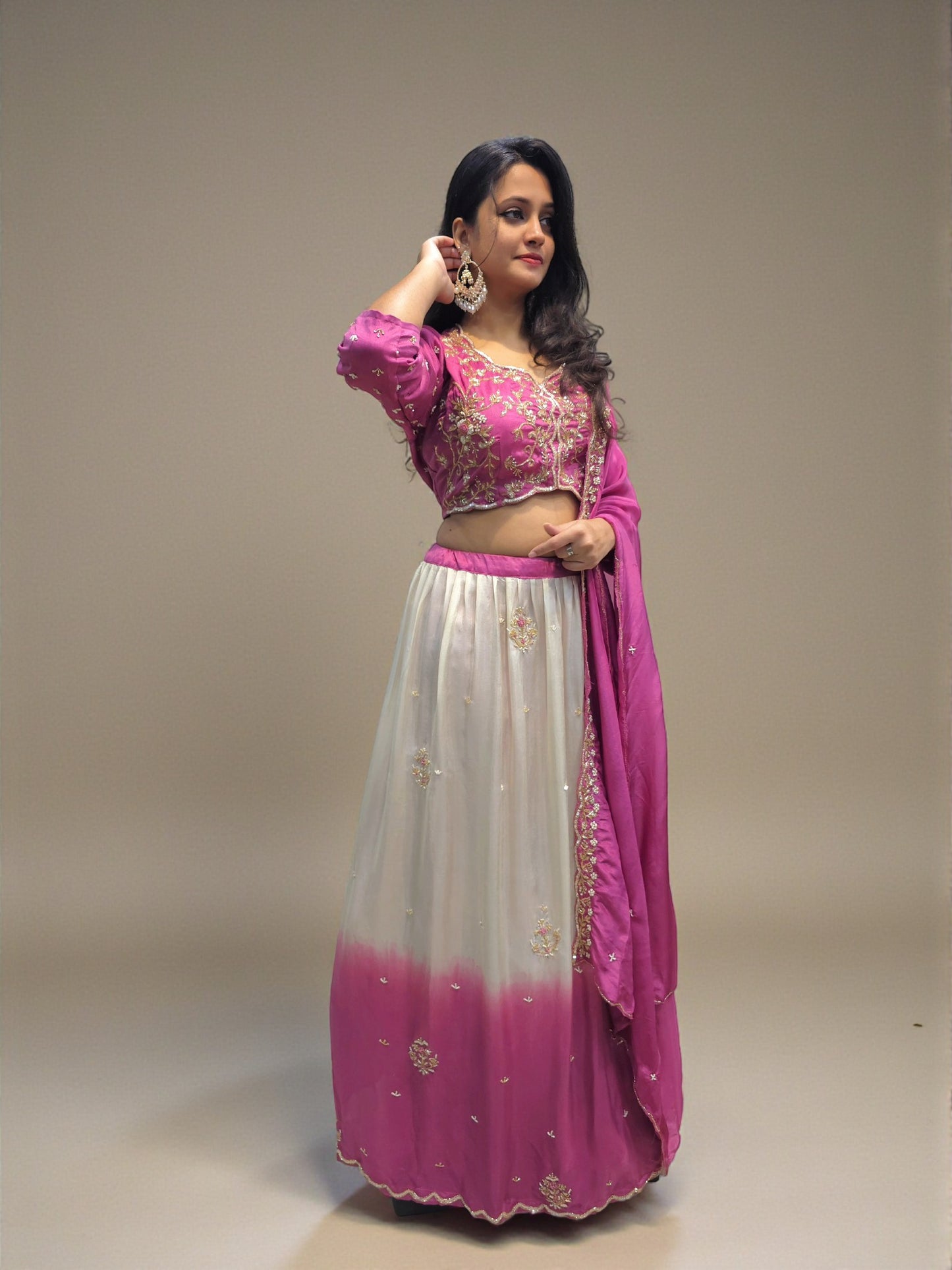 Ombre pink and cream lehenga with crop top and hand-embroidered dupatta