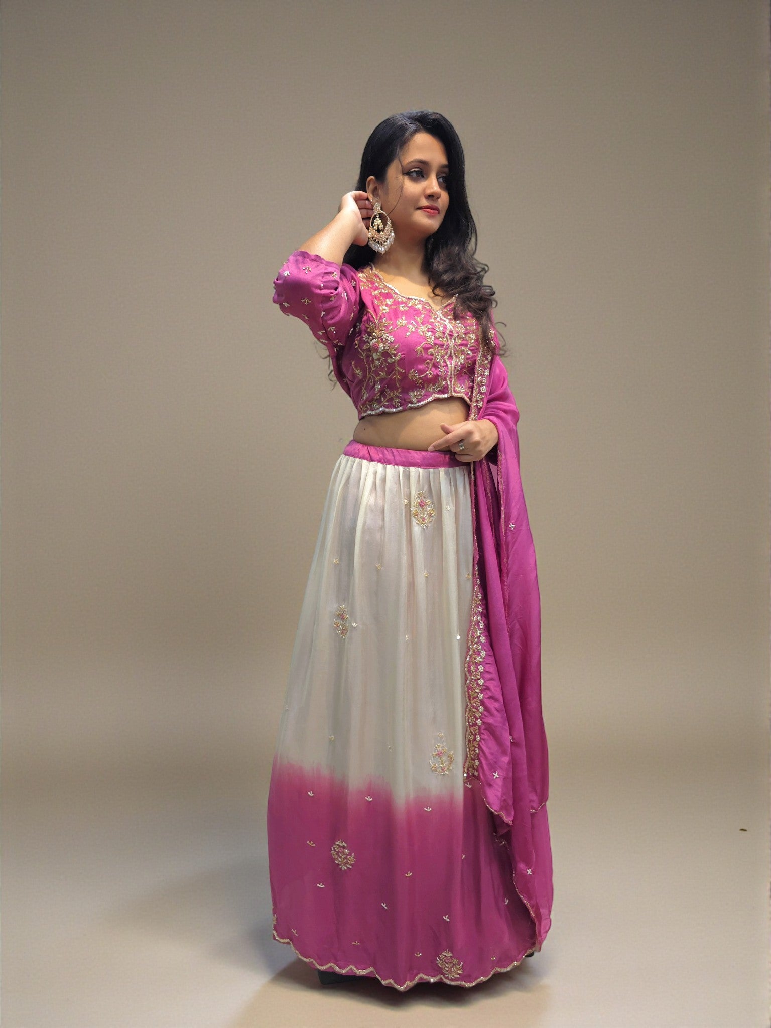 Ombre pink and cream lehenga with crop top and hand-embroidered dupatta