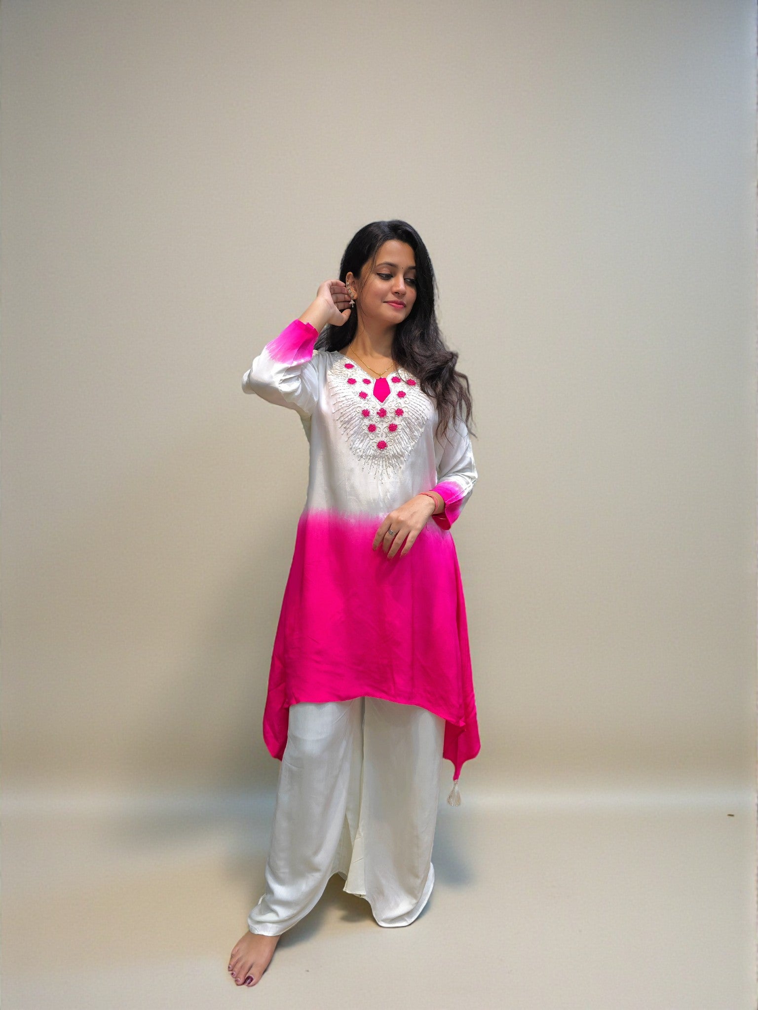 Ombre white and pink hand embroidered short kurta palazzo co ord set for women