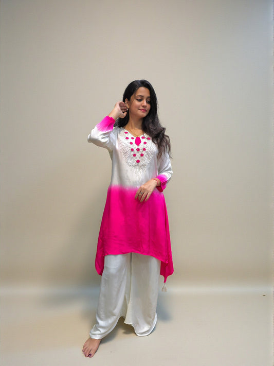 Ombre white and pink hand embroidered short kurta palazzo co ord set for women