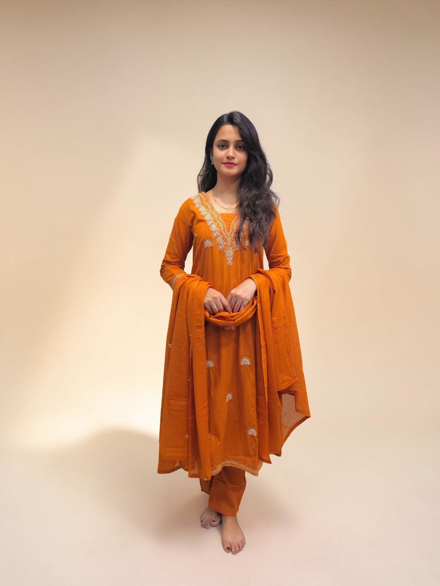 Orange embroidered A line cotton kurta set with dupatta for women