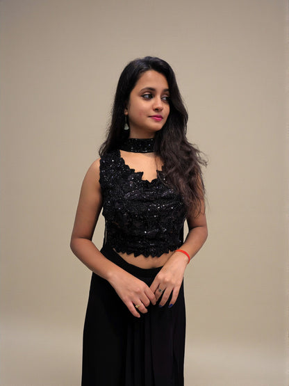 Elegant black crop top dhoti skirt evening outfit