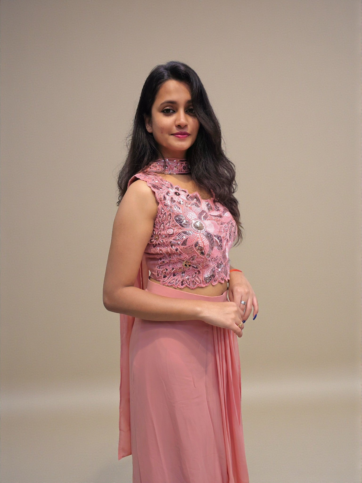 Party wear peach crop top dhoti skirt for women