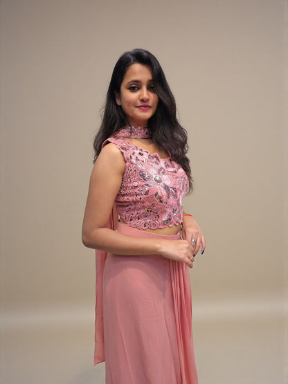 Party wear peach crop top dhoti skirt for women