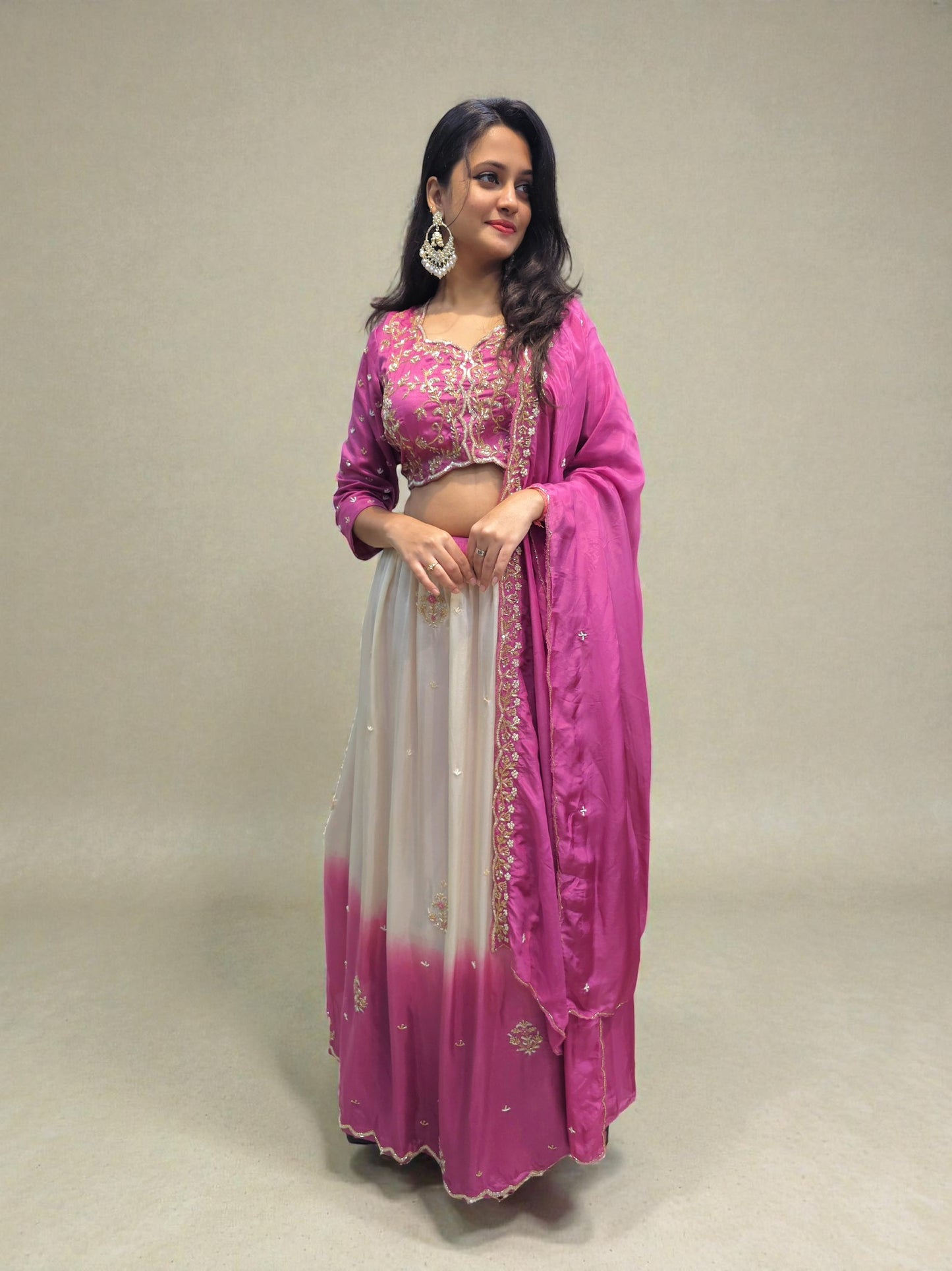 Partywear pink lehenga with embroidered blouse and dupatta