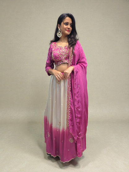 Partywear pink lehenga with embroidered blouse and dupatta