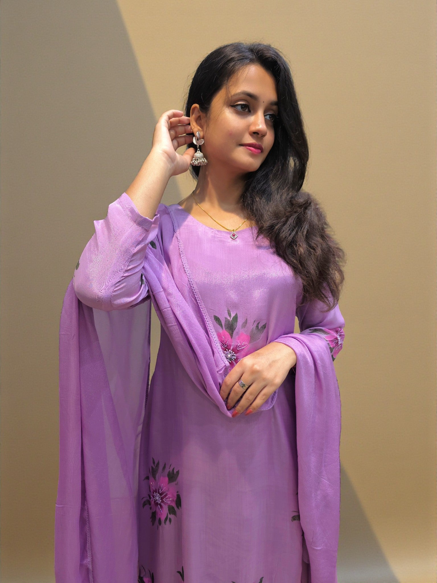 Pastel pure chinnon A-line kurta set with matching dupatta for women
