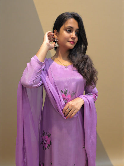 Pastel pure chinnon A-line kurta set with matching dupatta for women