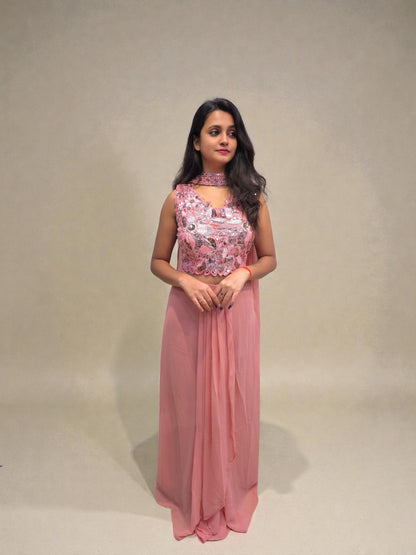 Peach crop top dhoti skirt with choker dupatta front view