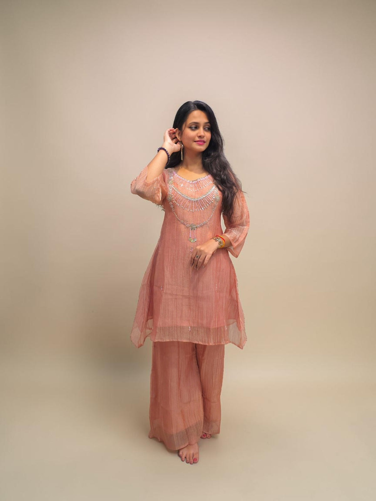 Peach designer cord set with embroidered neckline for women
