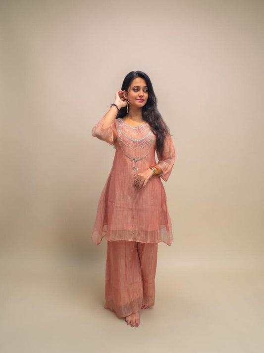 Peach designer cord set with embroidered neckline for women