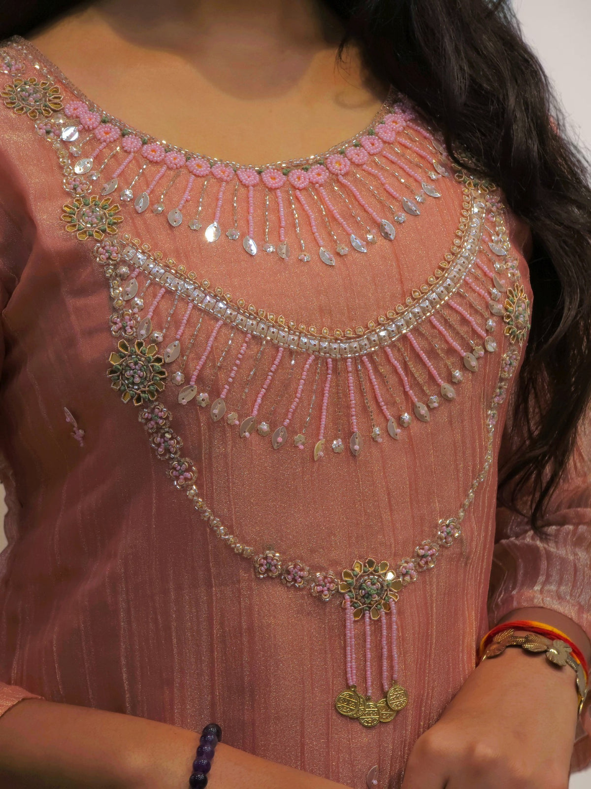 Peach embroidered kurta and pants designer set for women