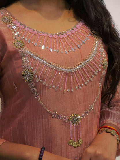 Peach embroidered kurta and pants designer set for women