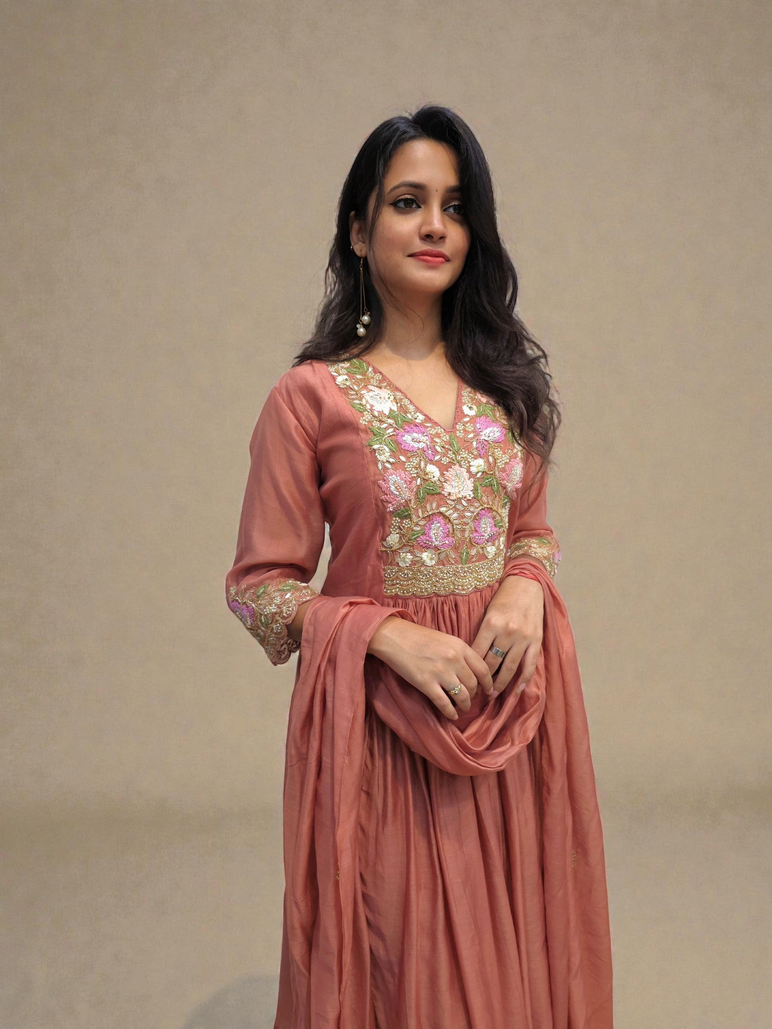 Designer peach handwork mul chanderi suit with dupatta