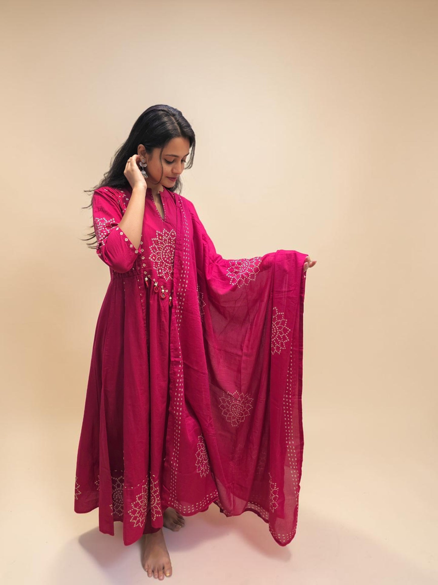 Pink Bandhani cotton suit set with matching dupatta for women