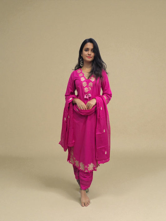 Pink cambric cotton embroidered suit with palazzo – Ambika Boutique