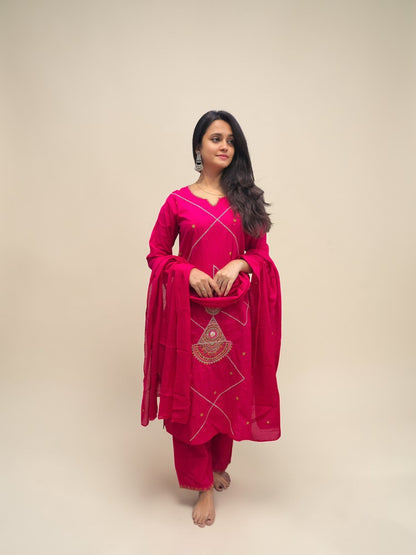 Pink embroidered cotton kurta set with dupatta for women