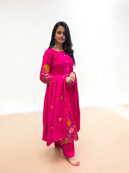Festive pink embroidered mul chanderi suit set with dupatta