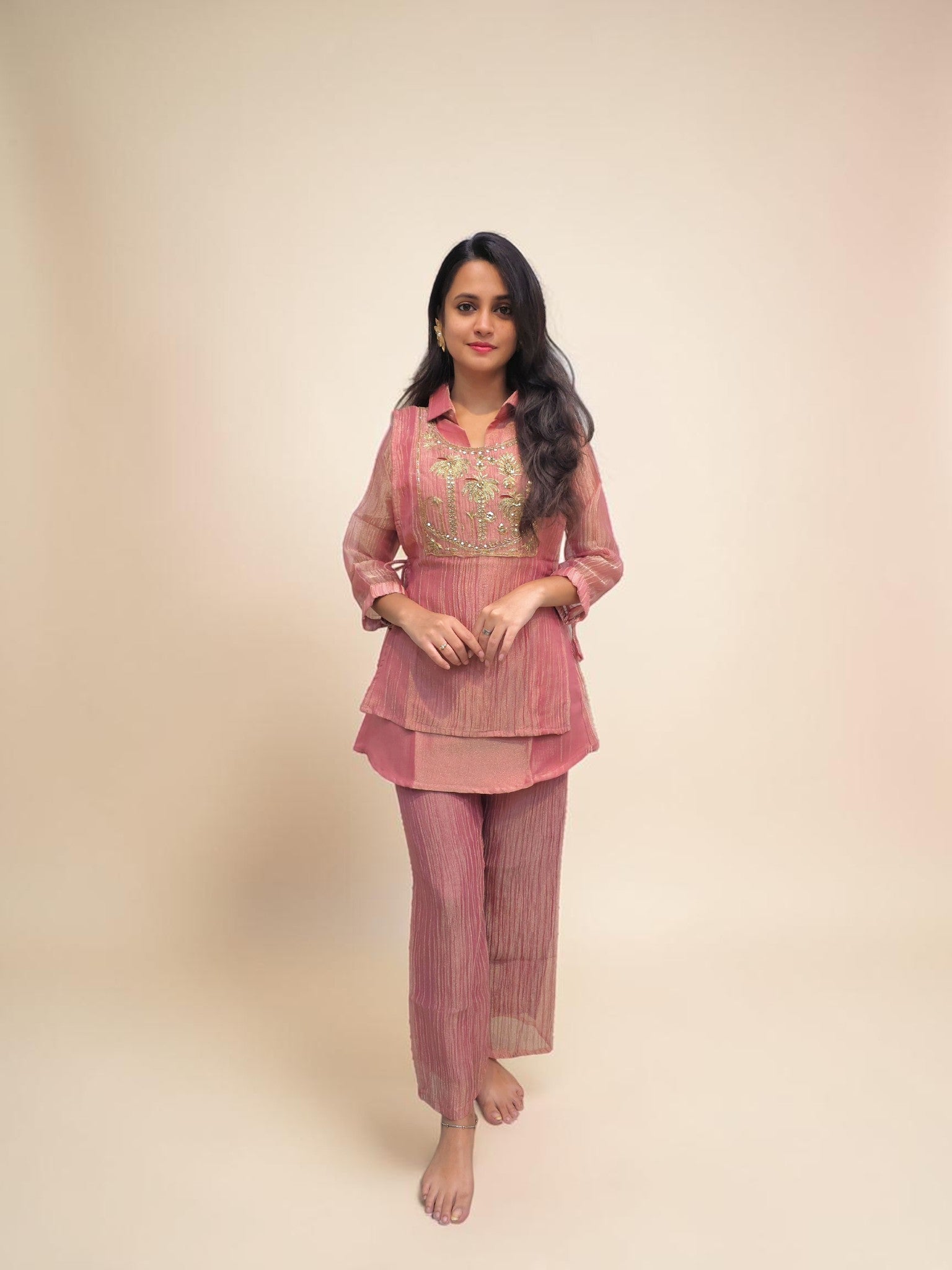 Pink Glass Tissue Co-Ord Set with Zardozi Handwork