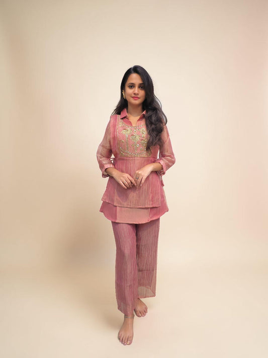 Pink Glass Tissue Co-Ord Set with Zardozi Handwork