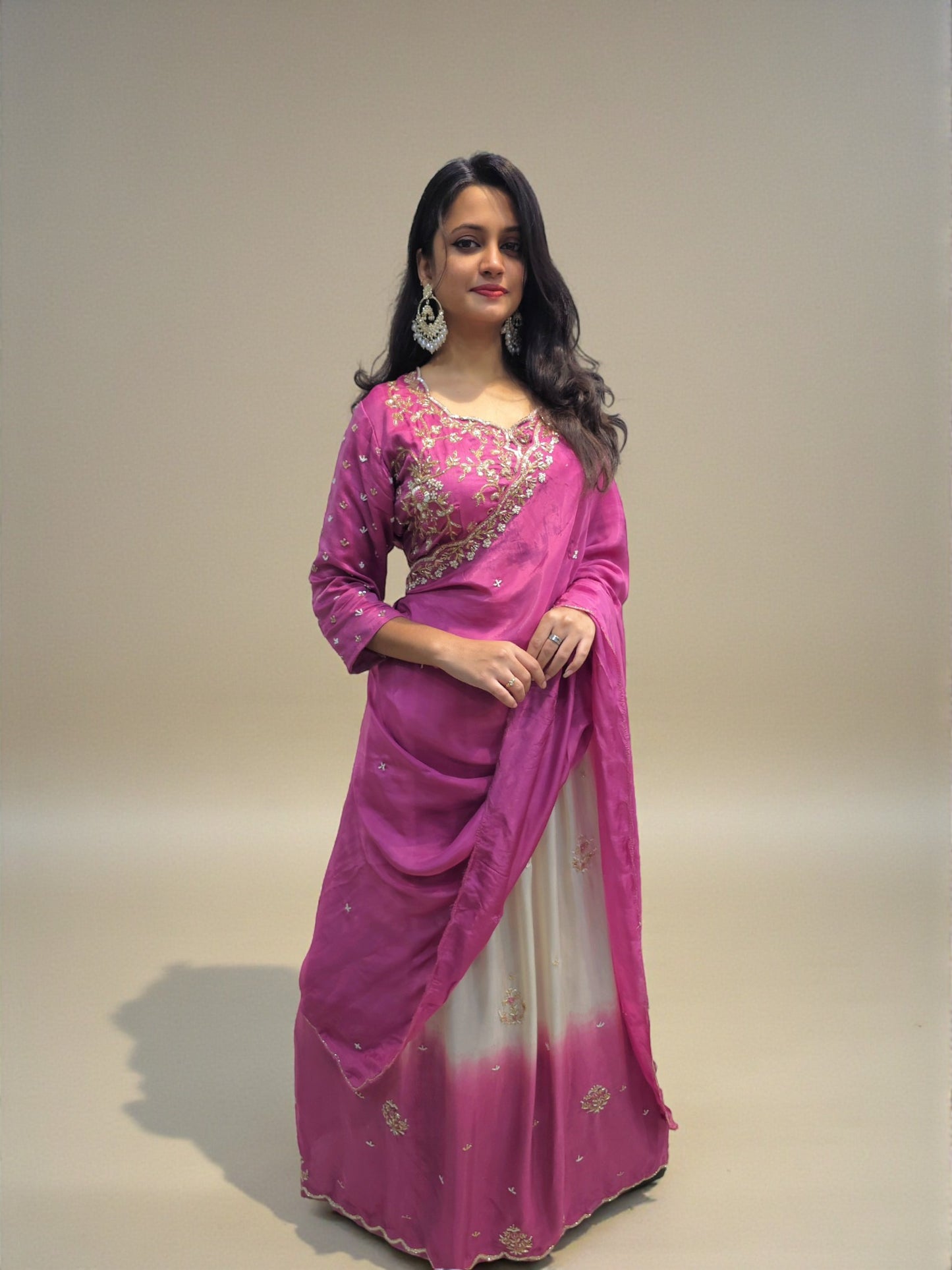 Pink crop top lehenga with embroidered handwork dupatta for women