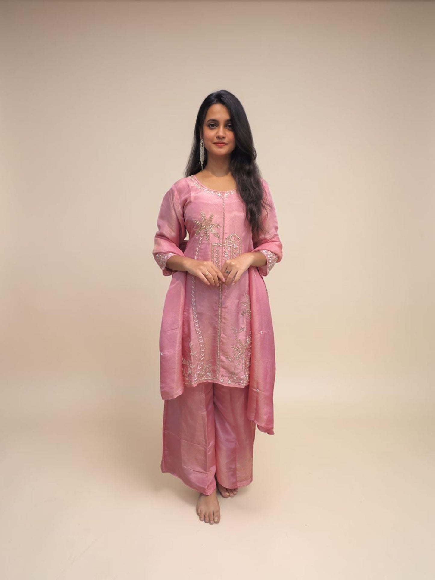 Pink handwork kurta palazzo set with dupatta for women