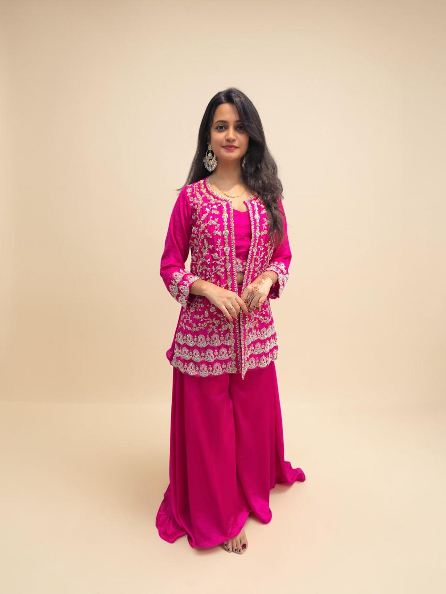 Pink indo western crop top jacket palazzo set for women