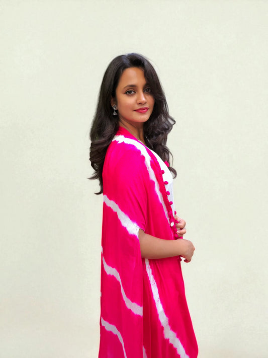 Pink and white Leheriya Indo-Western outfit for women