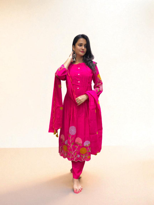 Designer pink mul chanderi suit with floral embroidery for women