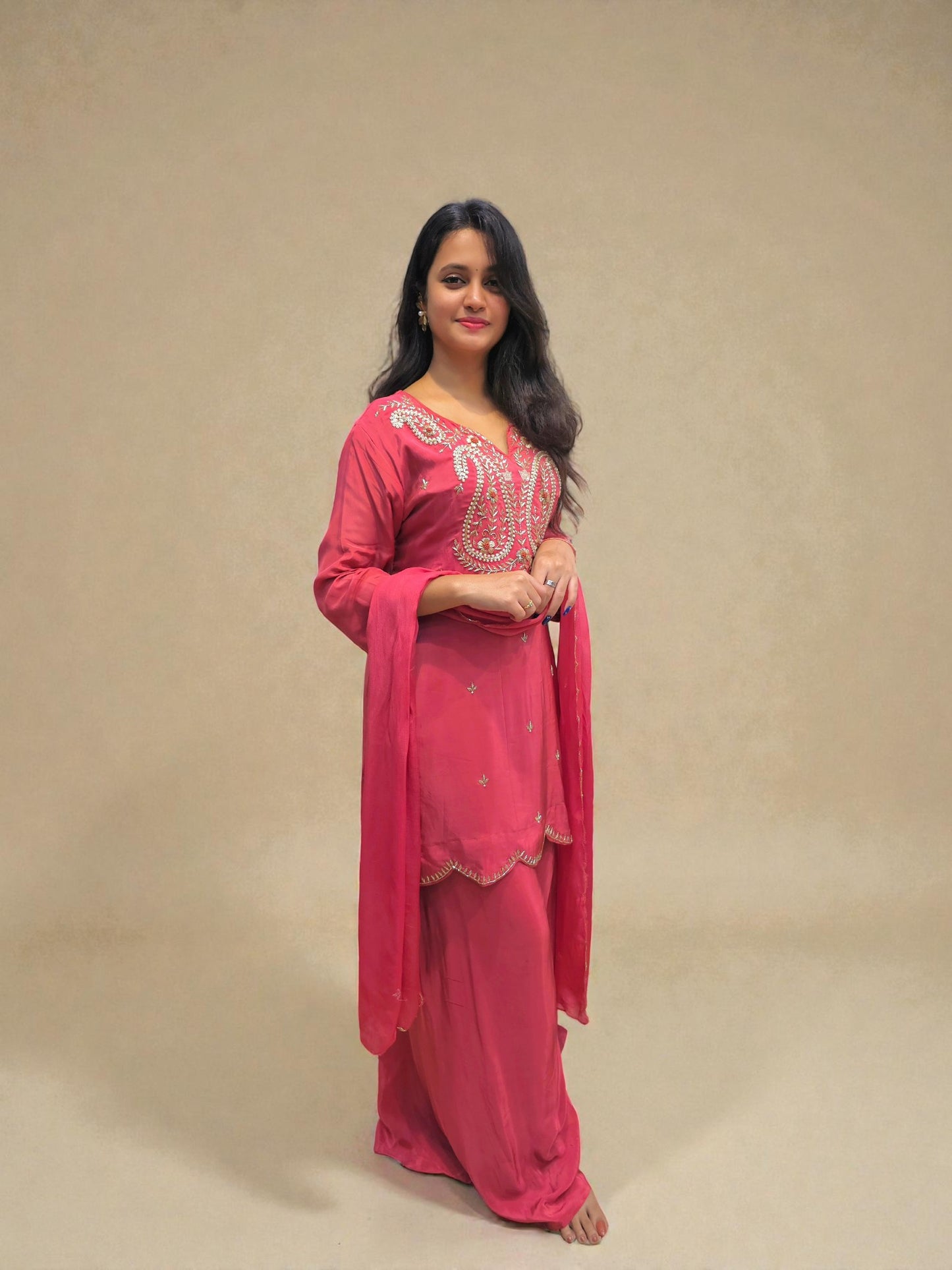Pink kurta palazzo suit with heavy zardozi work