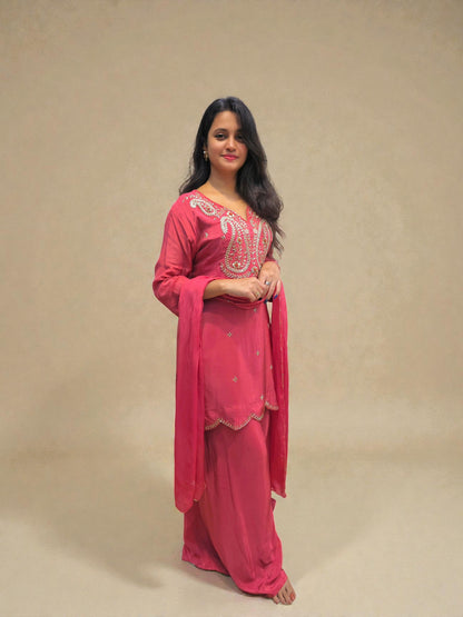 Pink kurta palazzo suit with heavy zardozi work