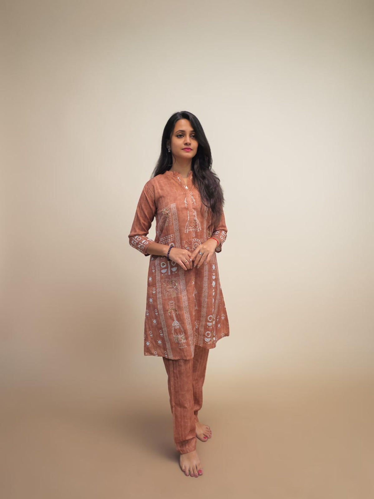 Rust brown ethnic cotton cord set with intricate printed work