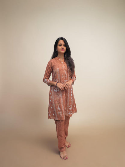 Rust brown ethnic cotton cord set with intricate printed work