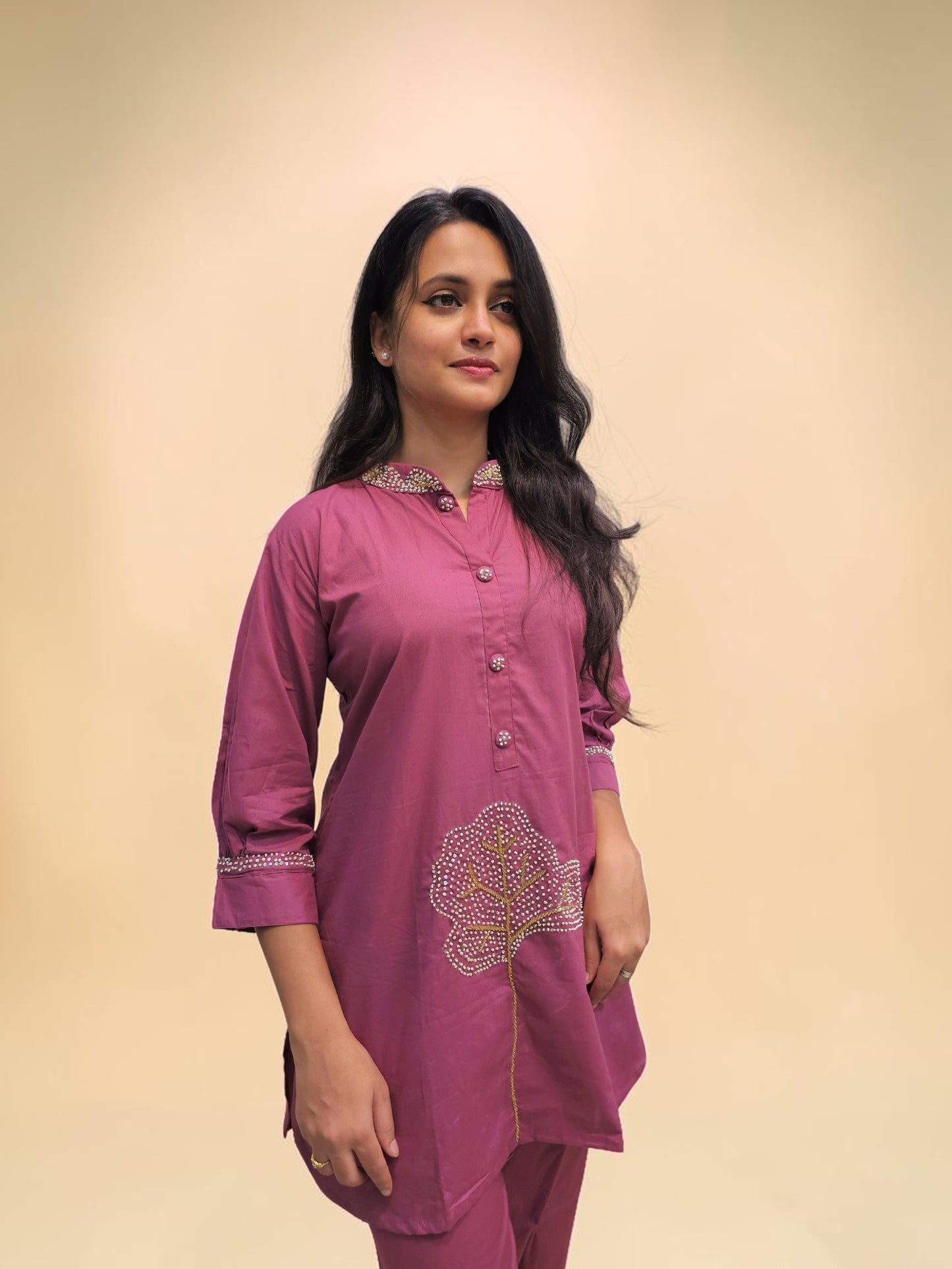 Women's mauve cotton co-ord set with handcrafted detailing