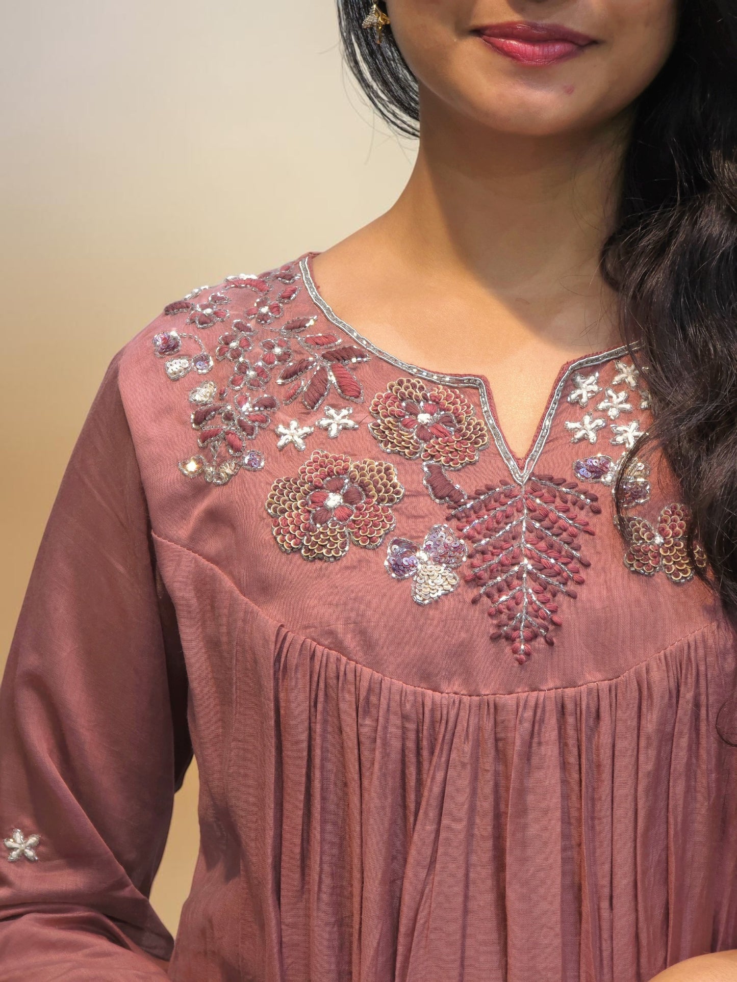 Premium dusty mauve Mul Chanderi festive wear with dupatta