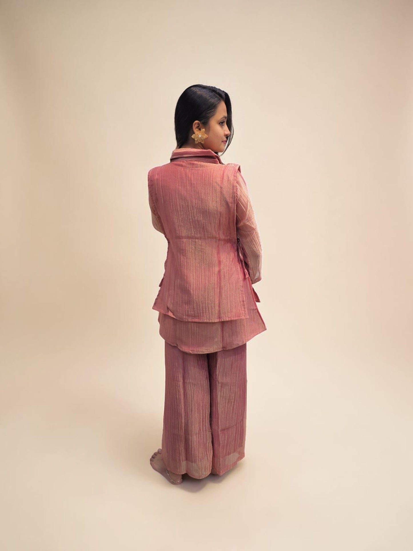 Luxury pink ethnic co-ord set with layered top and straight pants