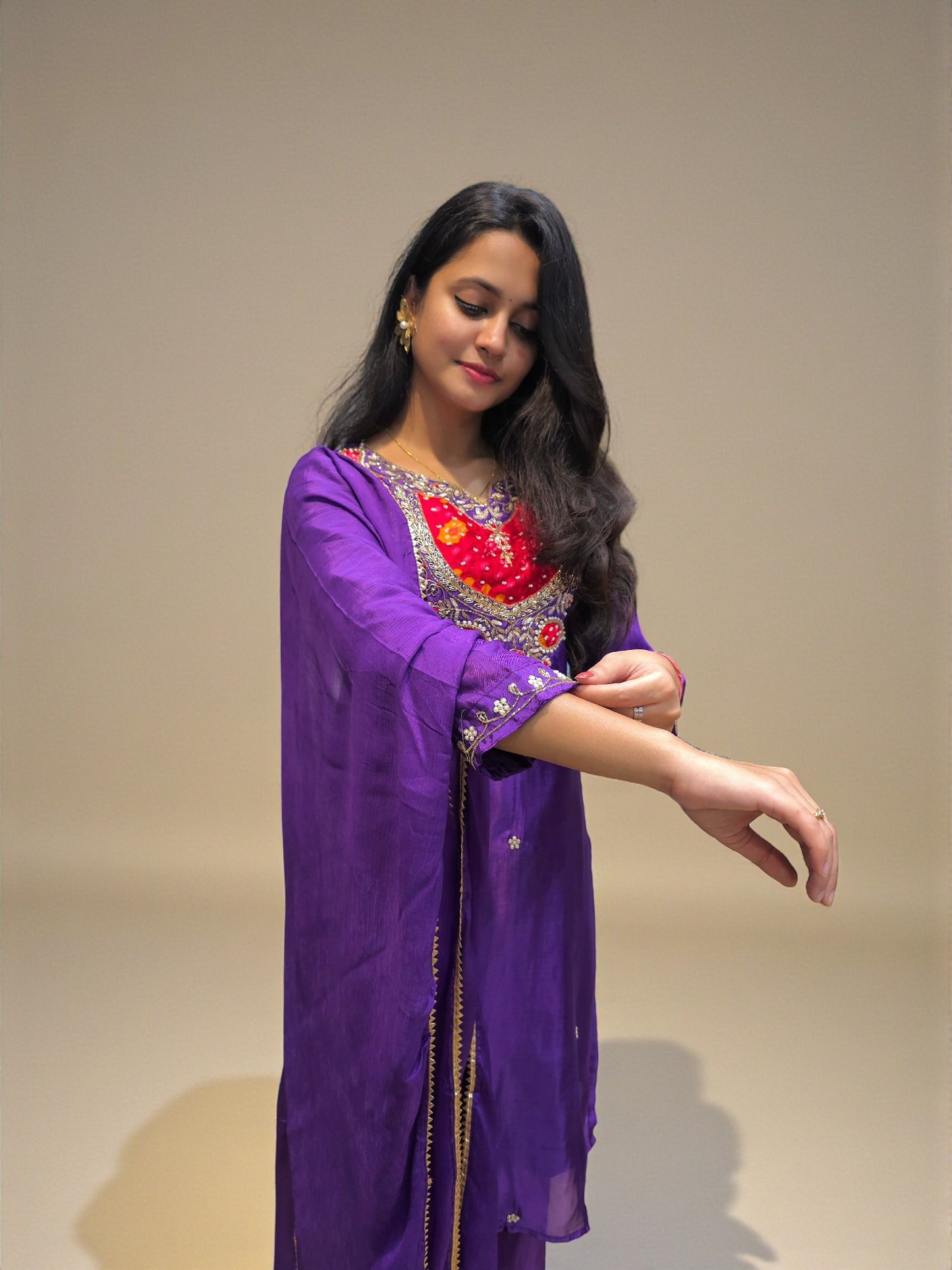 Premium purple kurta palazzo set with traditional hand embroidery