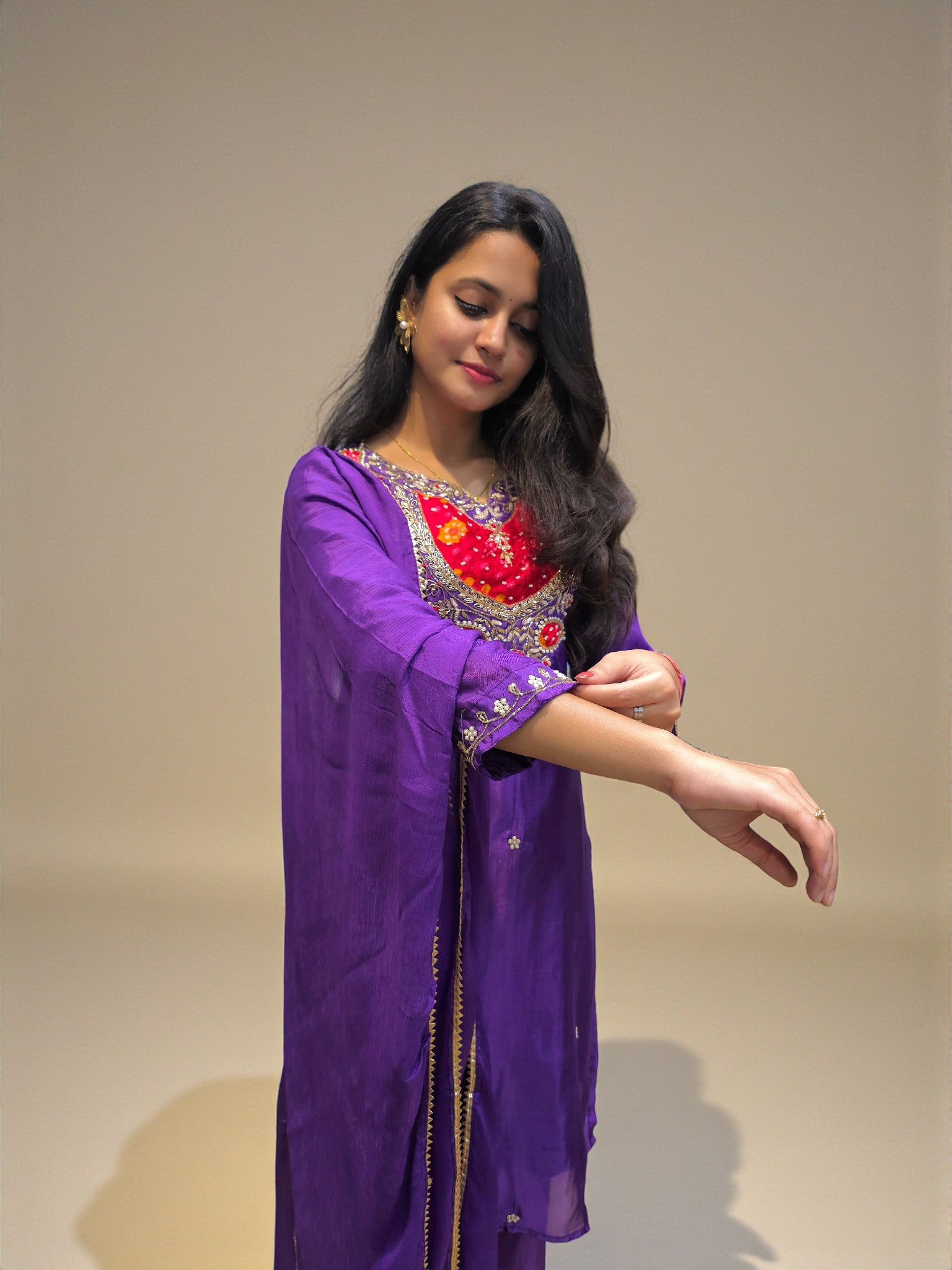 Premium purple kurta palazzo set with traditional hand embroidery