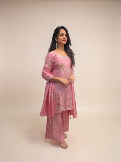 Women's pink ethnic suit with hand embroidery and dupatta