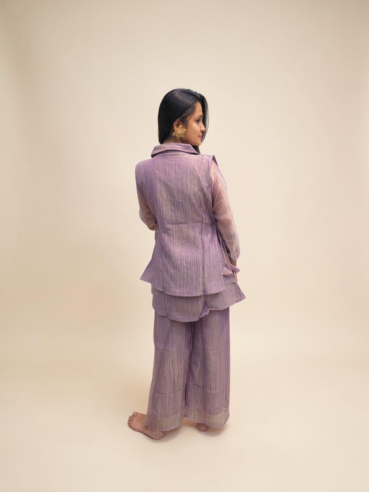 Luxury lavender embroidered glass tissue co-ord set with straight pants