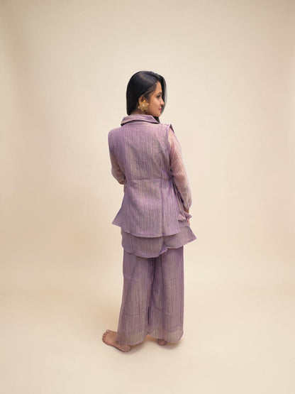 Luxury lavender embroidered glass tissue co-ord set with straight pants