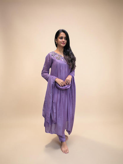 Designer lavender ethnic kurta set with handwork neckline and dupatta