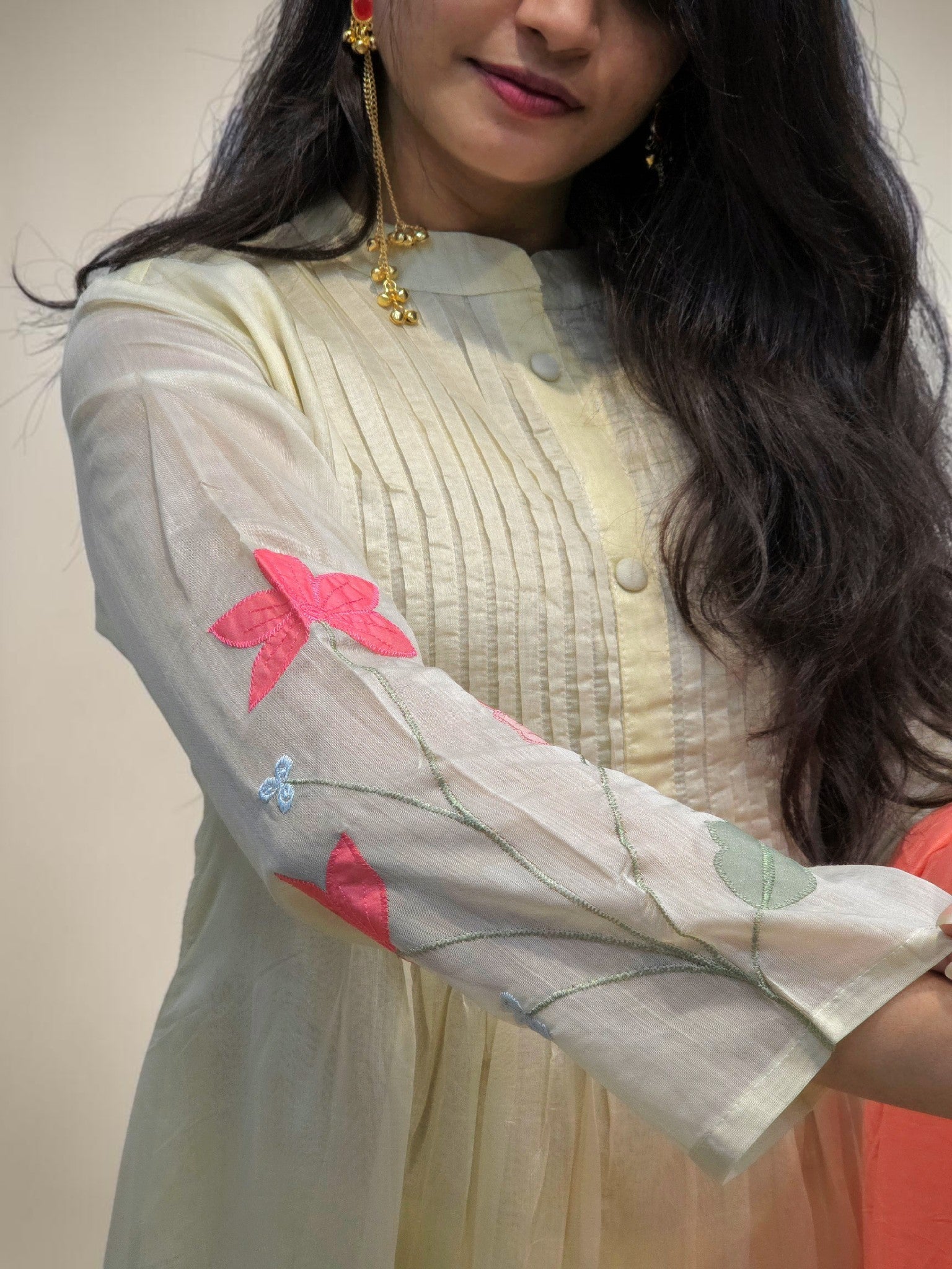 Floral embroidered summer kurta set with matching dupatta