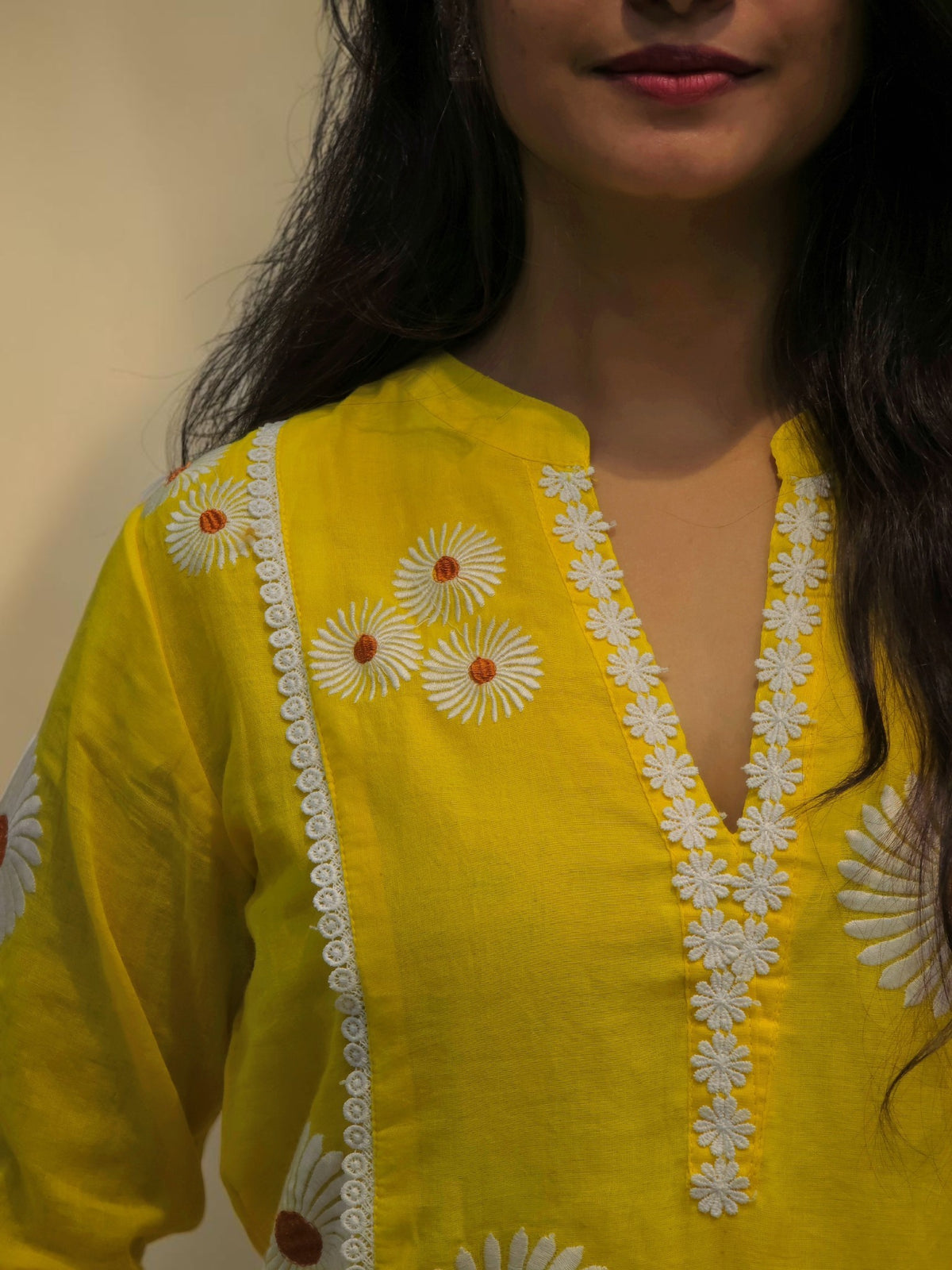 Premium yellow cotton co ord set with floral embroidery
