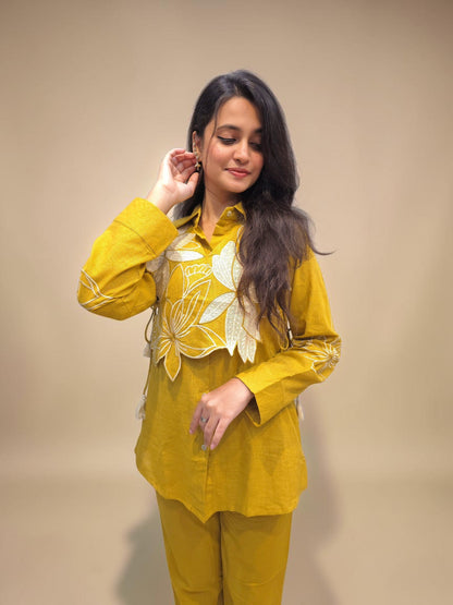 Women's mustard yellow linen top and pant cord set
