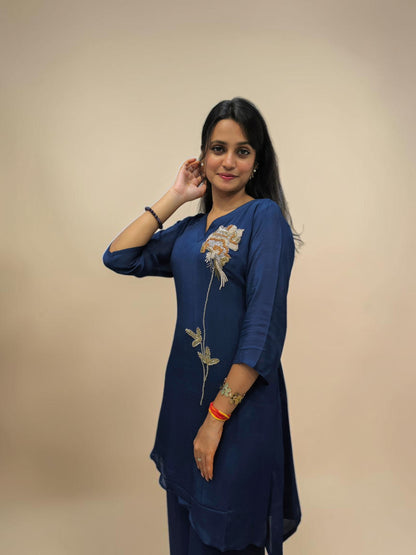 Navy blue embroidered designer cord set for women