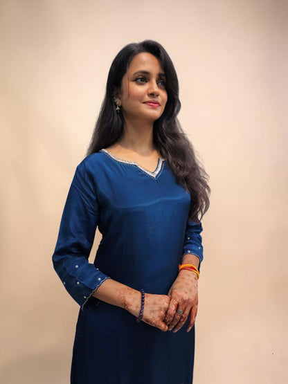 Elegant navy blue handwork kurta pant co ord set