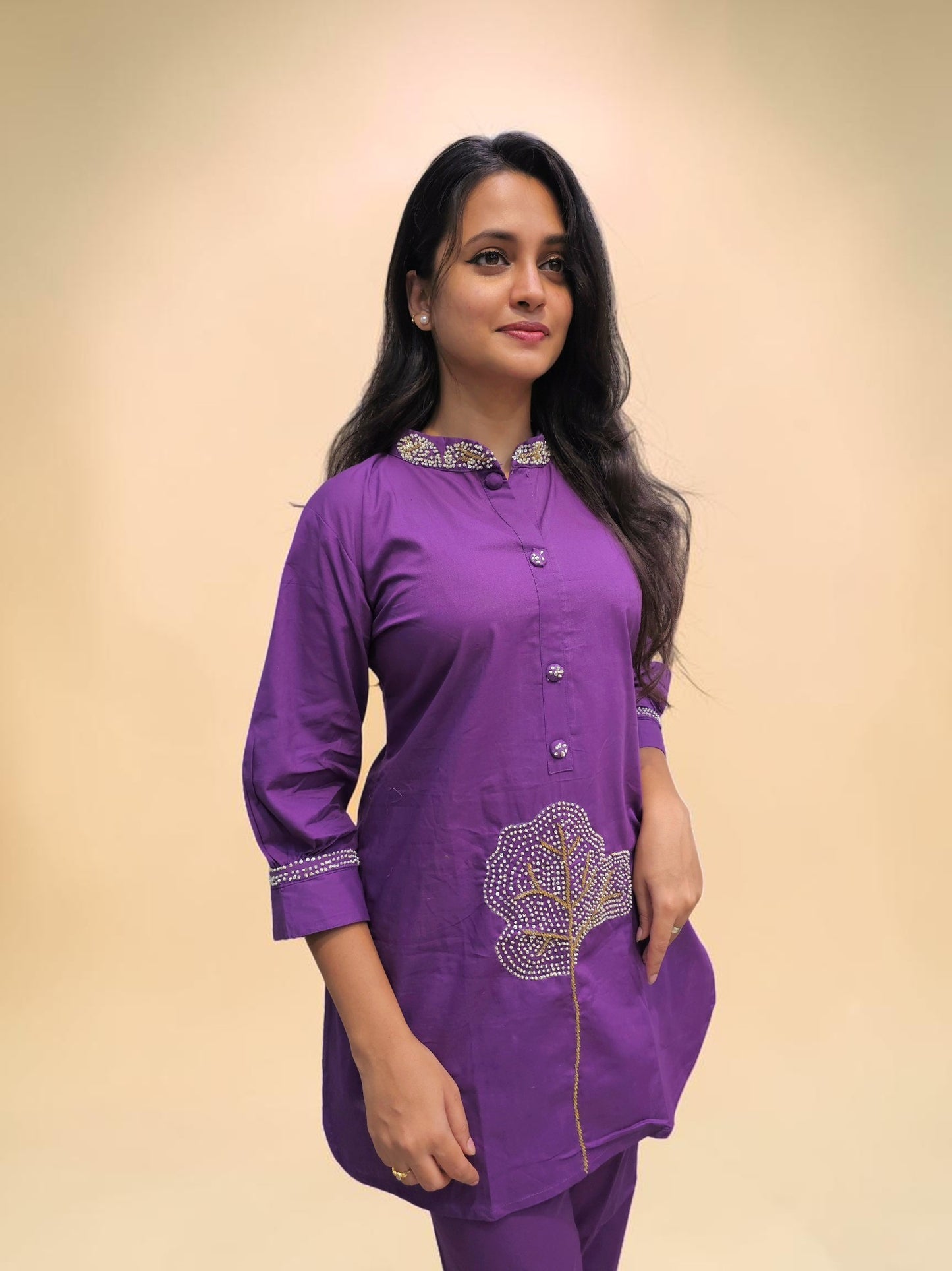 Designer purple cotton kurta pant cord set